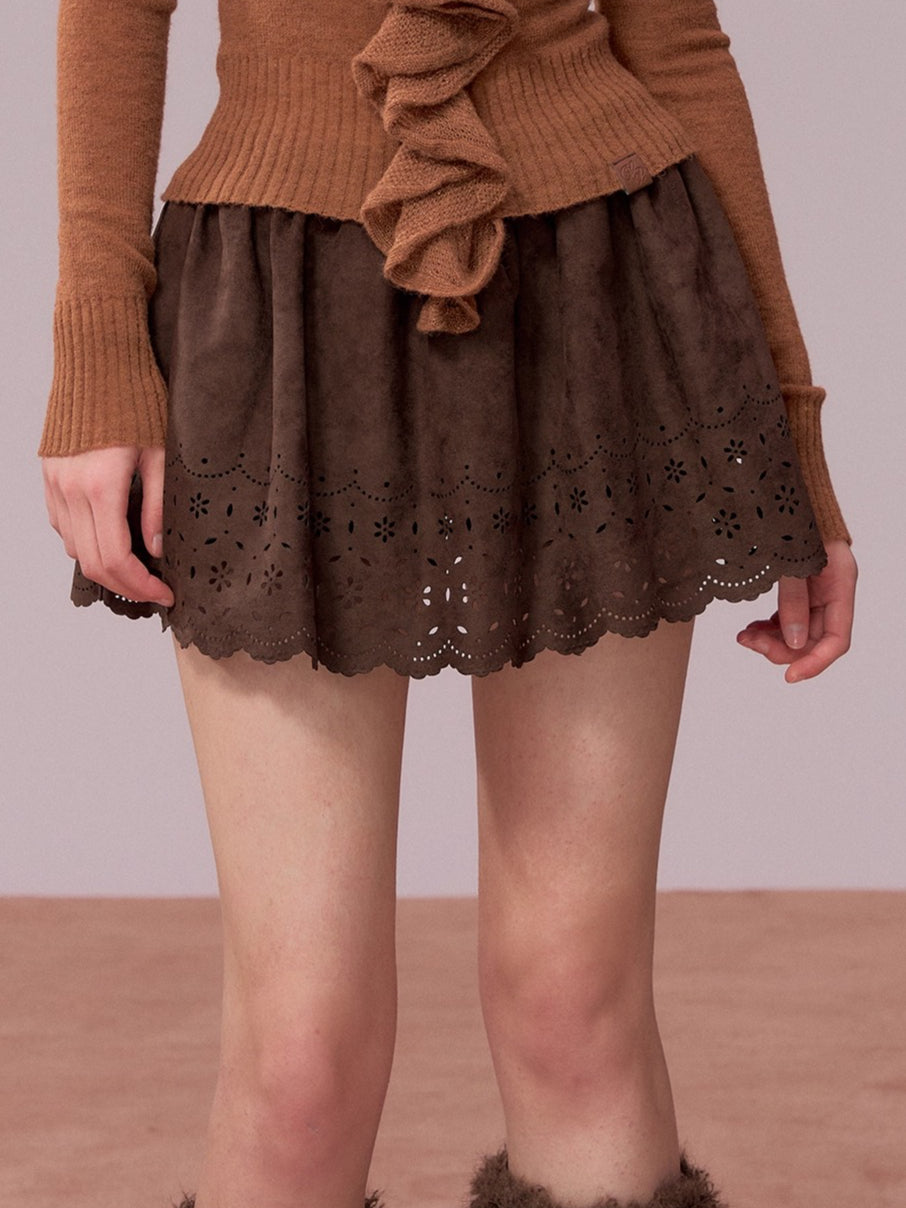 Embroidered Faux Suede A-Line Skirt