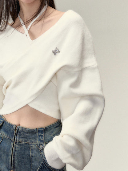 Grey &amp; White Off-shoulder Knitted Wool Sweater