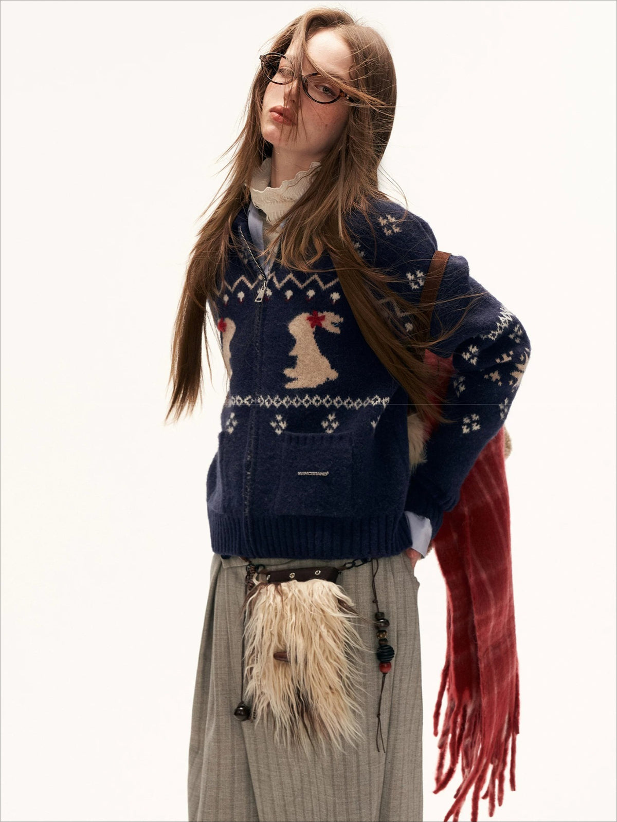 Red Snowflake Bunny Print Knit Cardigan