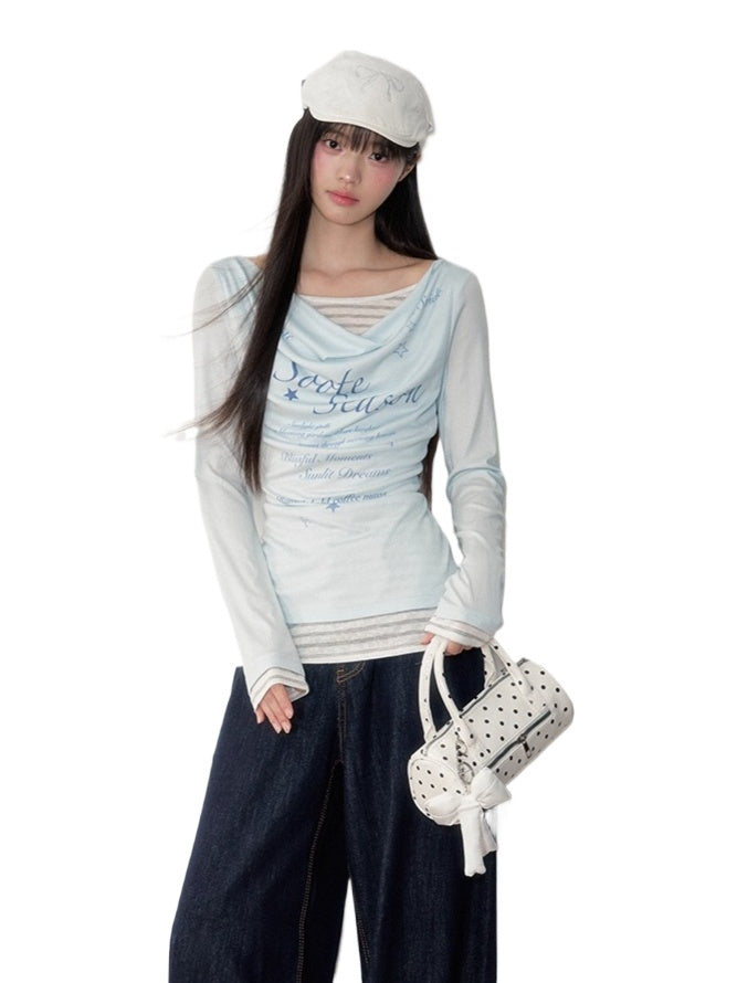 Blue &amp; Gray Printed Draped Long-Sleeve T-shirt
