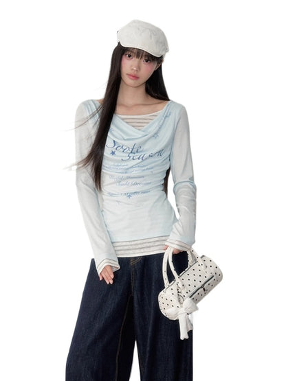 Blue &amp; Gray Printed Draped Long-Sleeve T-shirt