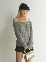 Off-Shoulder Bow Cable Knit Sweater
