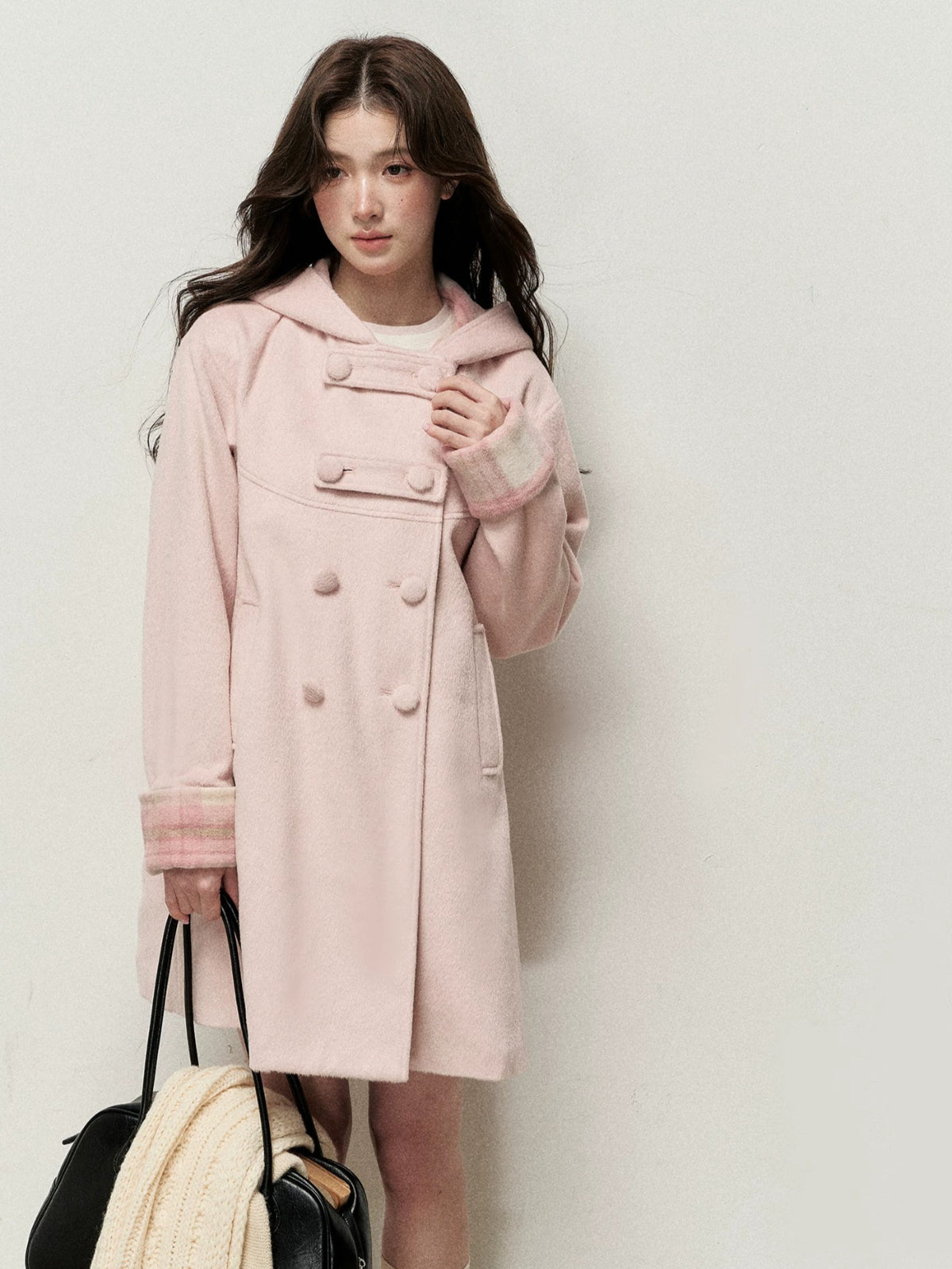Plaid-Trim Hooded Double-Breasted Coat