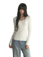Lace Trim V-Neck Cable Knit Sweater