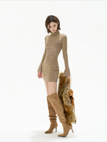Camel Lace High Neck Knit Dress