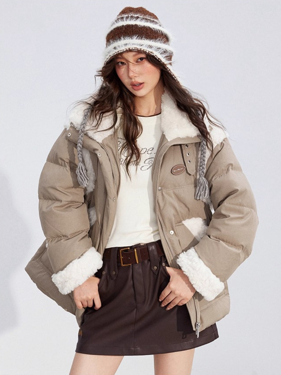 Shearling Patchwork White Down Puffer Jacket