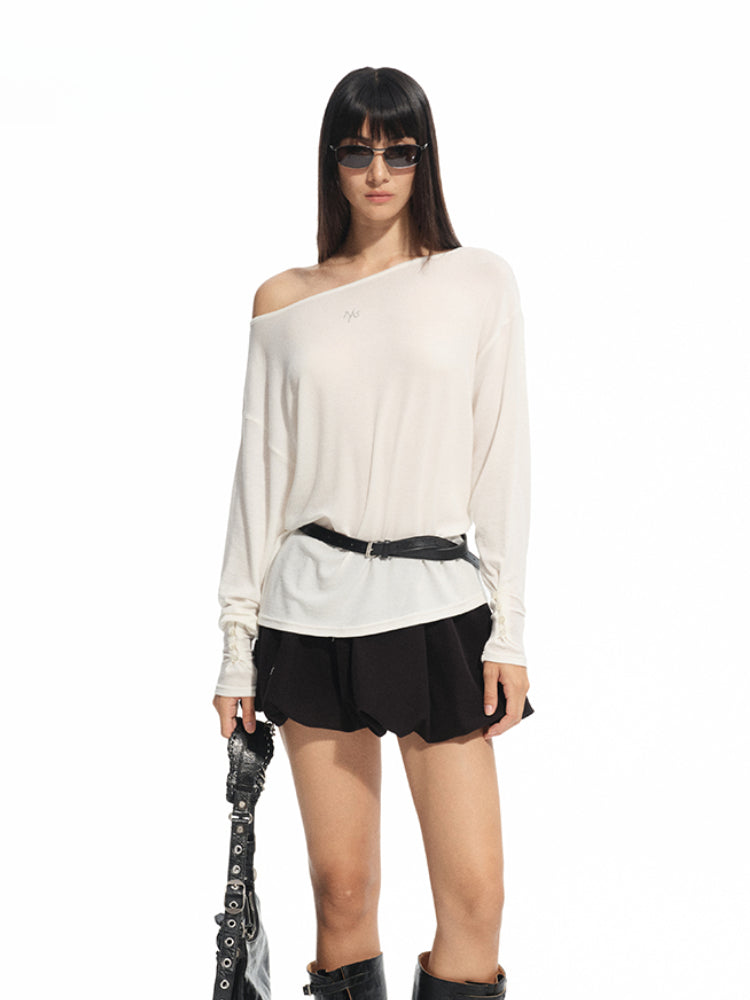 Asymmetric Shoulder Multi-way Wear Elastic T-Shirt