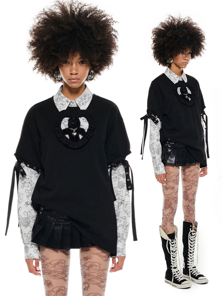 Black & White Heart-shaped Hollow-out Lace-up T-Shirt