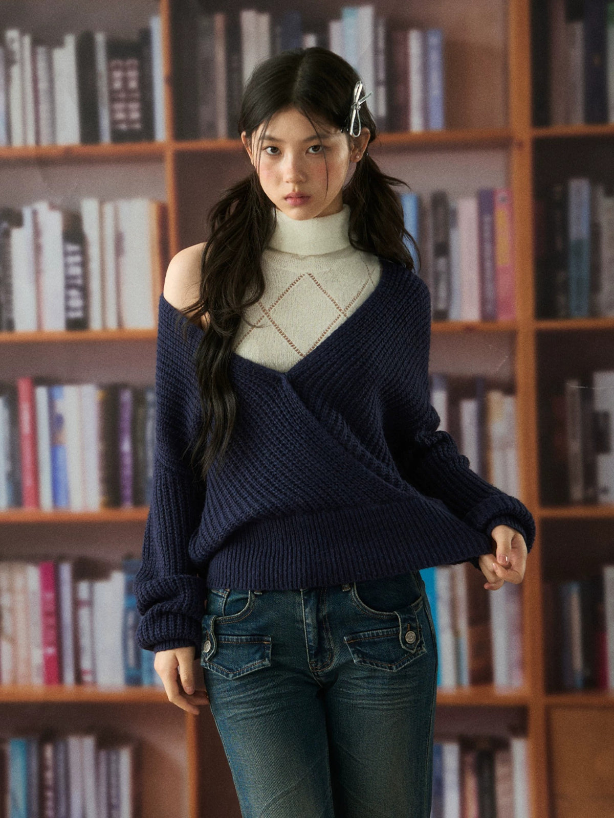 Oversized Deep V-Neck Wool Knit Sweater
