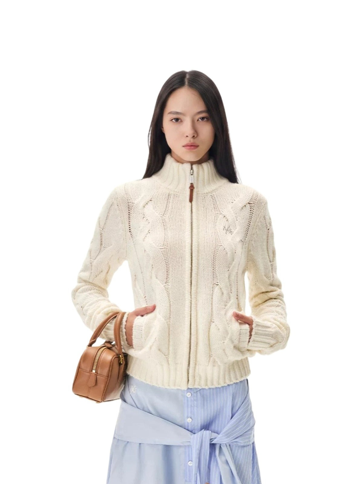 Wool Cable Knit Mock Neck Sweater