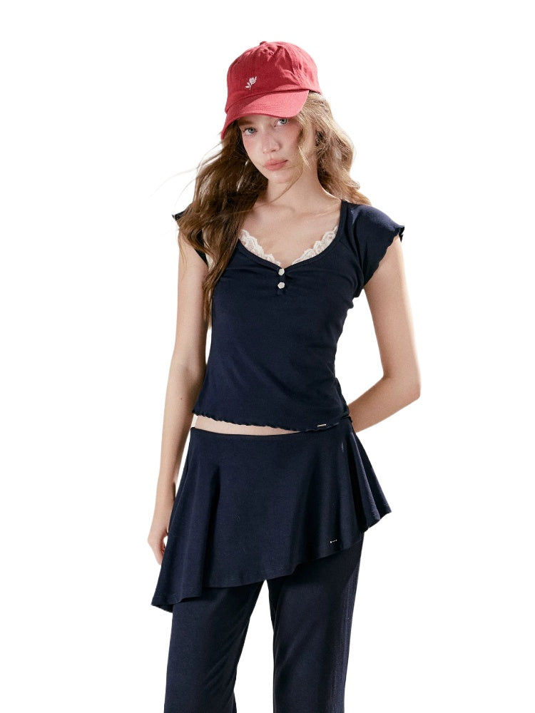 Lace U-Neck Fitted T-Shirt &amp; Pants Set