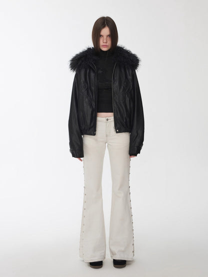 Embroidered Faux Fur Collar Leather Jacket