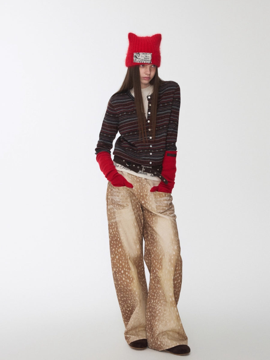 Vintage Deer Print Curved-Leg Canvas Pants