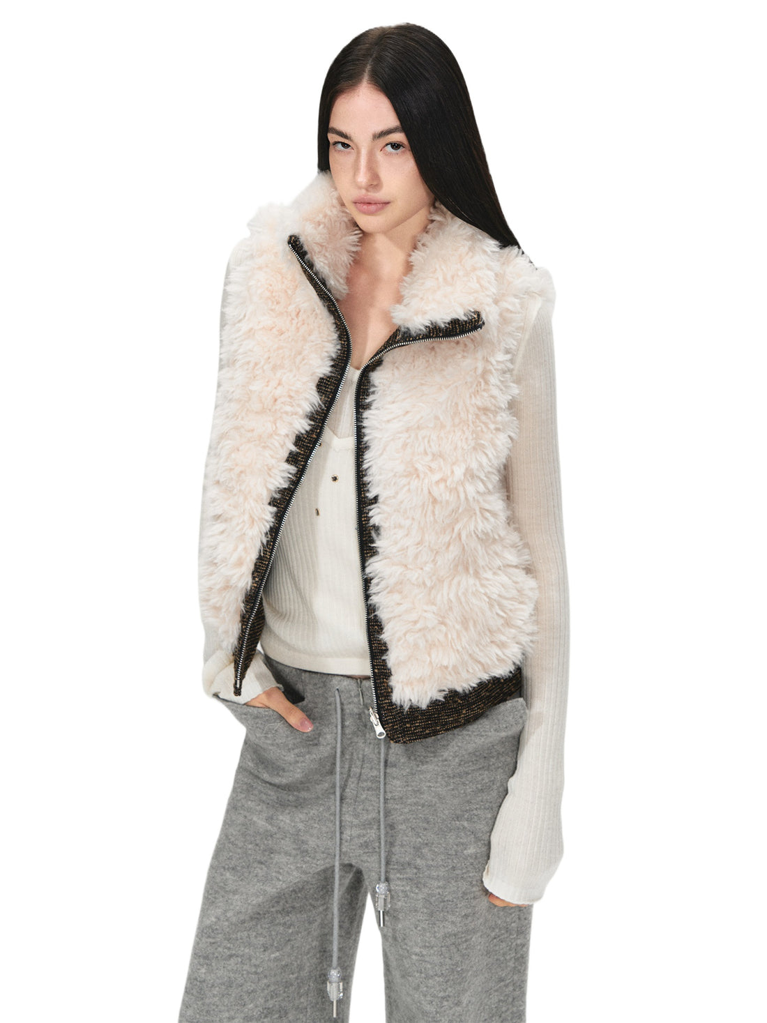 Reversible Wool Blend Faux Fur Vest Jacket