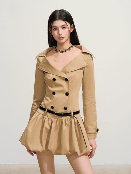 Trench-Style Double-Breasted Waist-Defined Dress