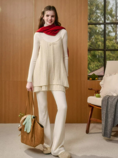 Bow Strap Knit Cami Lace &amp; Pants Set