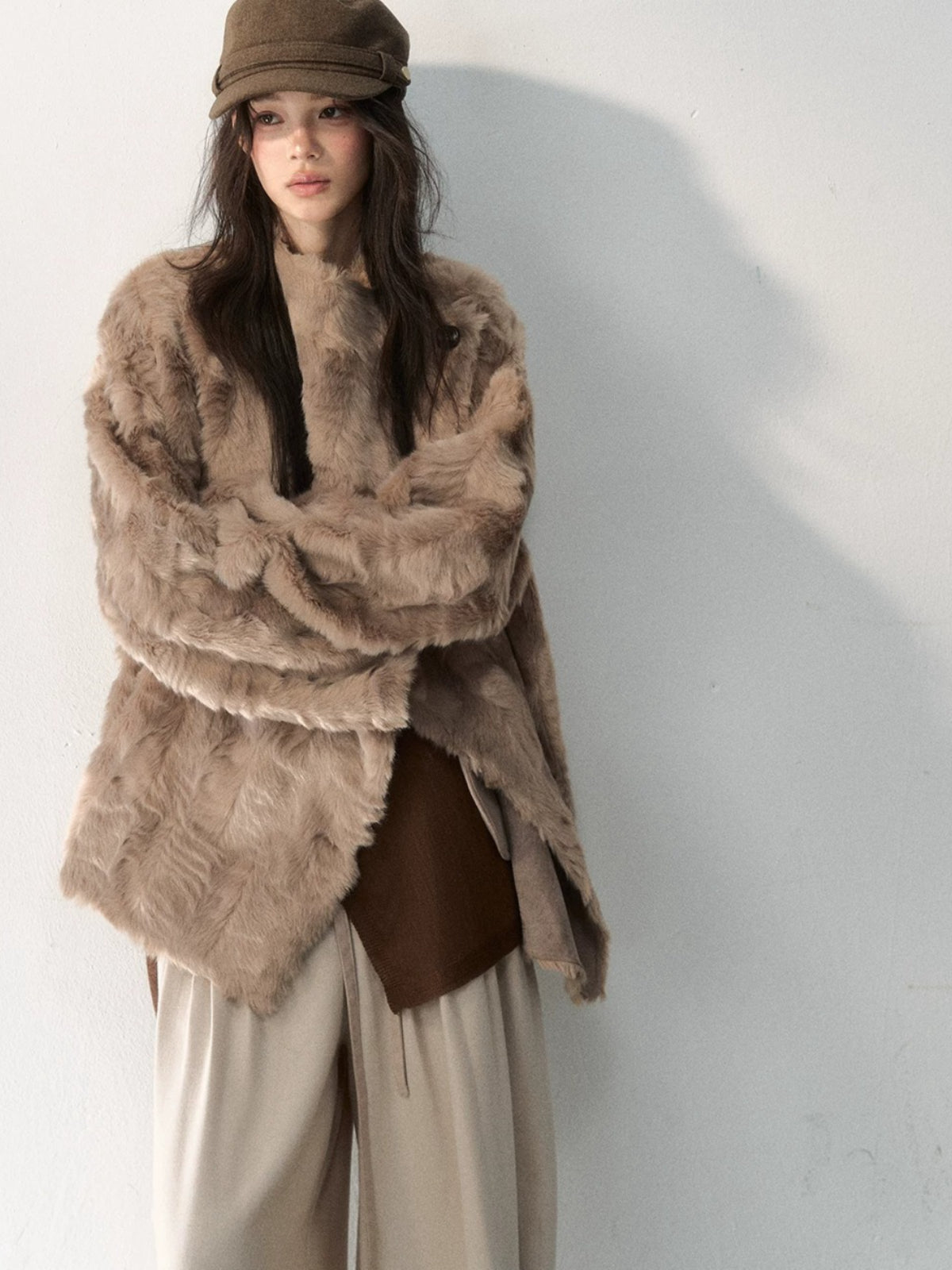Asymmetric Collar Faux Fur Coat