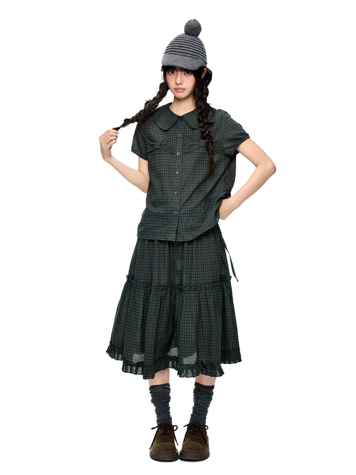 Polka Dot Collar Shirt &amp; Skirt Set