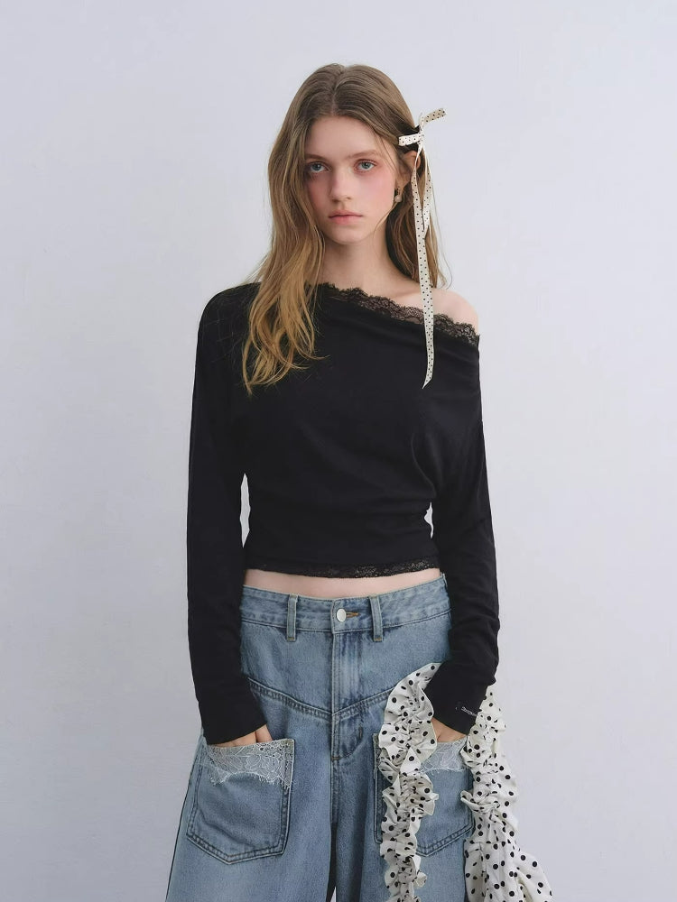 Draped Neck Cinched Waist Lace Patchwork Top