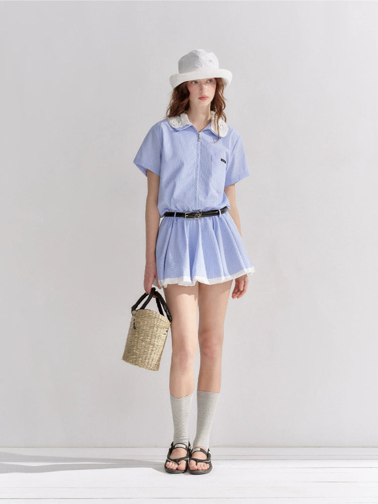 Lace Collar Stripe Bubble Dress