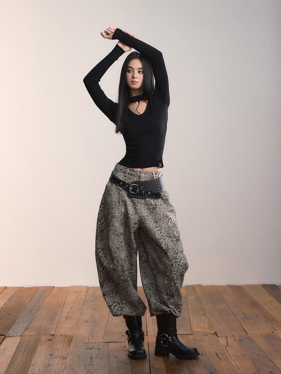 Leopard Print Scythe Wide-Leg Casual Jeans