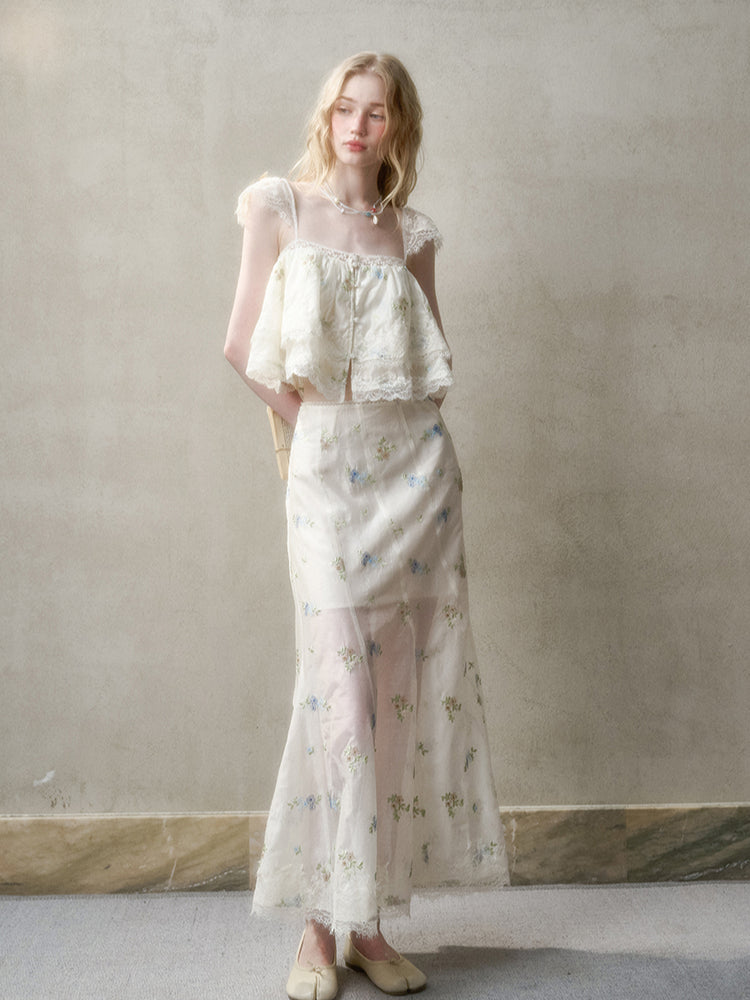 Lace Embroidery Flower French - Style Shirt &amp; Skirt Set