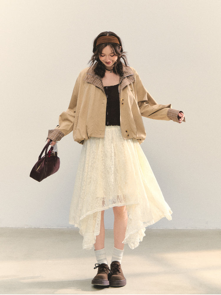 Two-piece Plaid Spliced Cocoon-shaped Trench Jacket