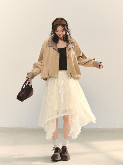 Two-piece Plaid Spliced Cocoon-shaped Trench Jacket