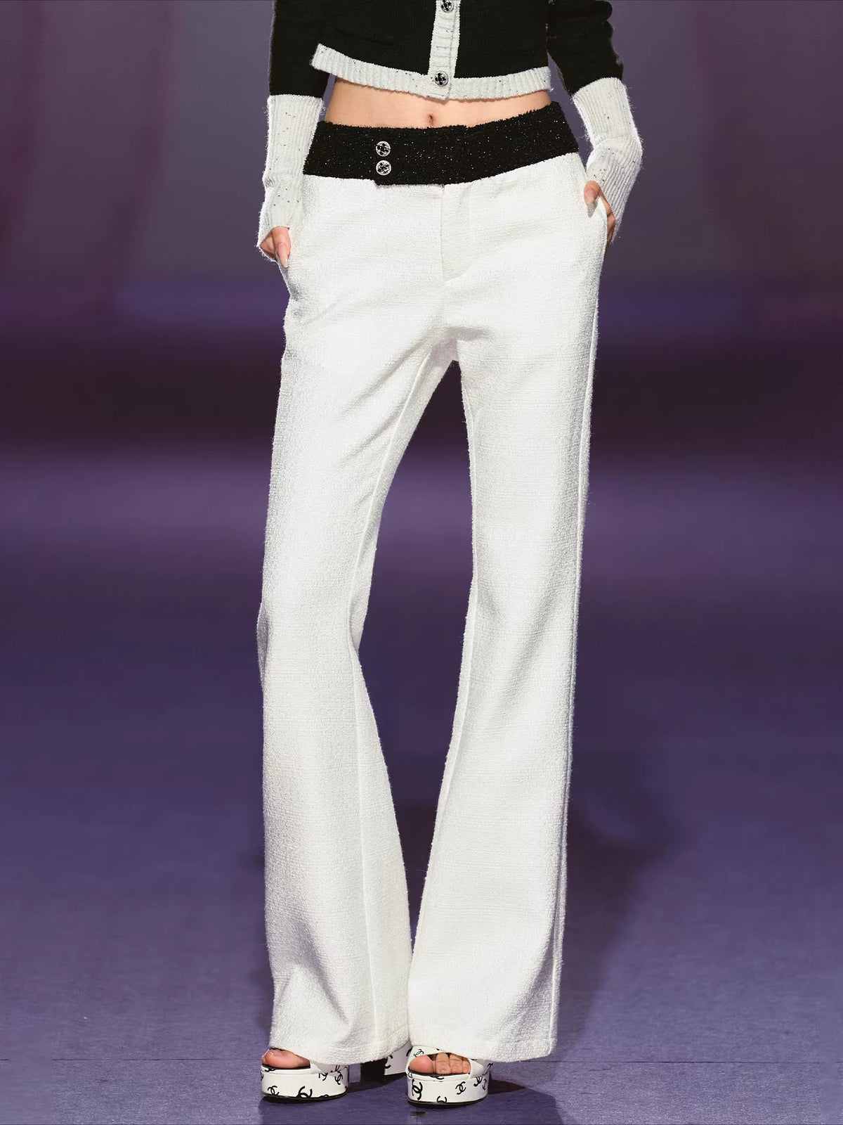 White Sequin-Trim Micro-Flare Pants