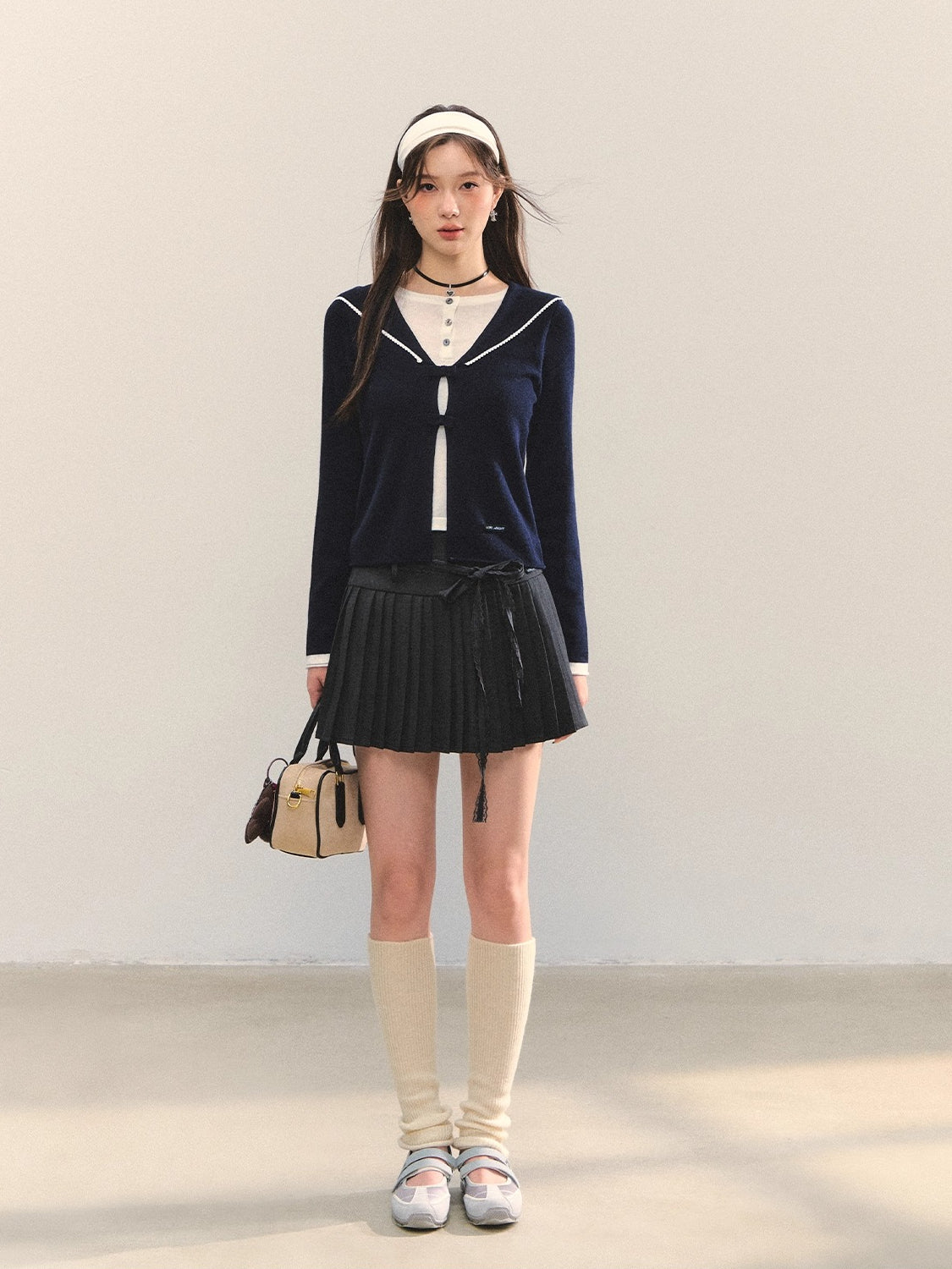 Gray Lace-Up Pleated Skirt
