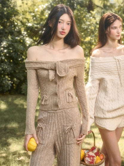Velvet Bunny Wool Cloud Off-Shoulder Knit Cardigan &amp; Pants Set