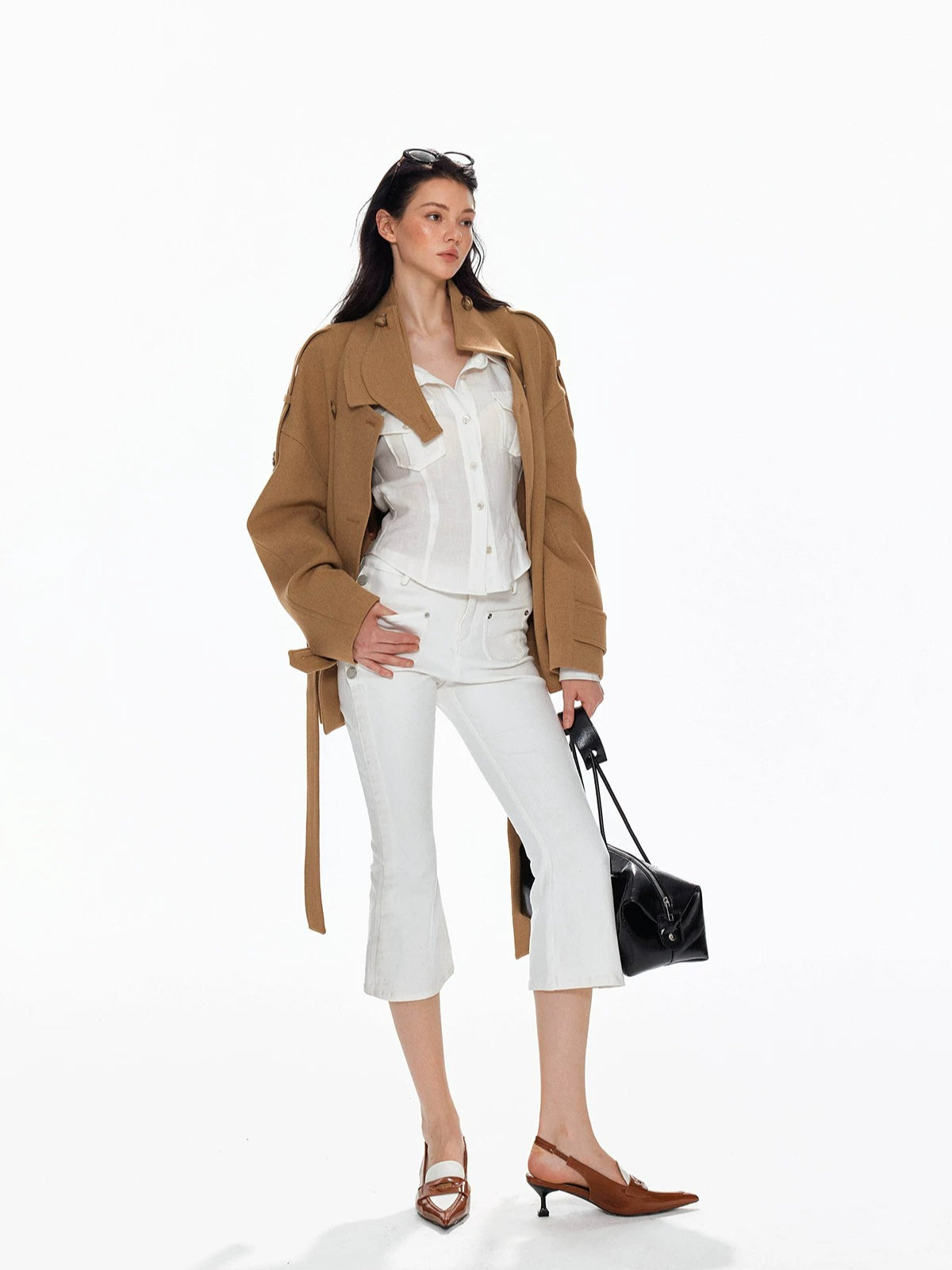 Wool Double Breasted Belted Short Coat