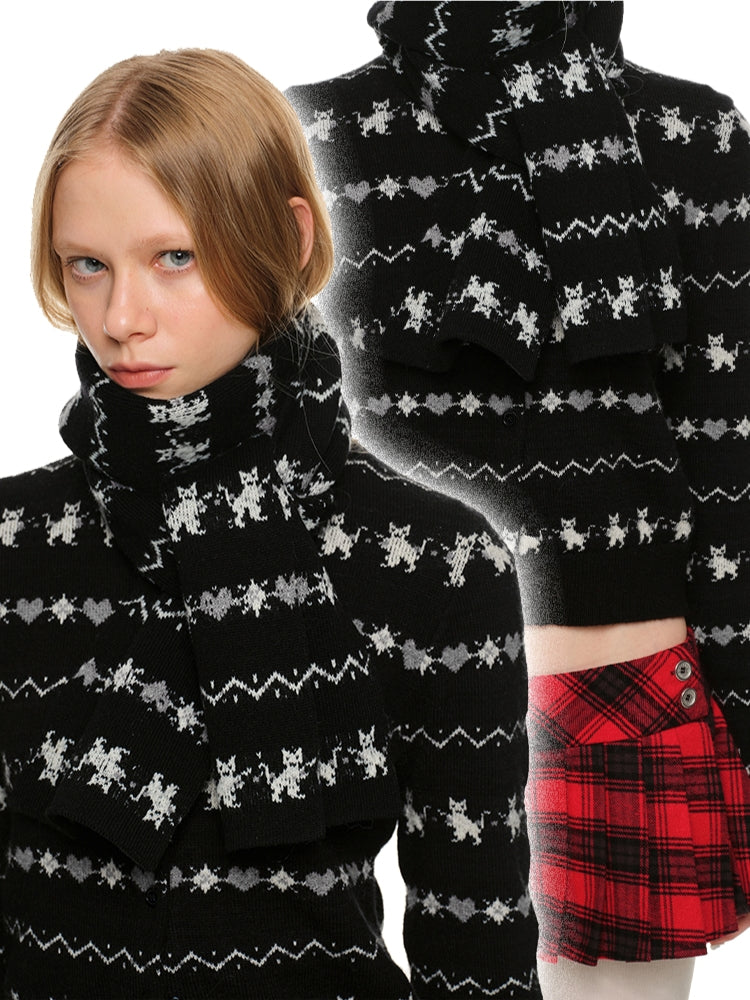 Cat Jacquard Slim-Fit Knit Cardigan &amp; Scarf