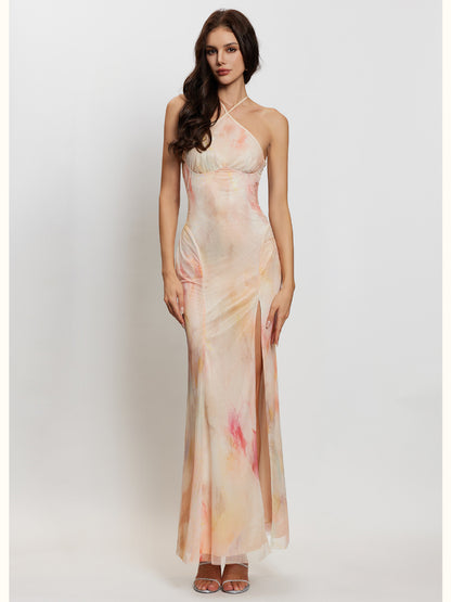 Net Fabric Halter Neck Backless High Slit Floral Print Dress
