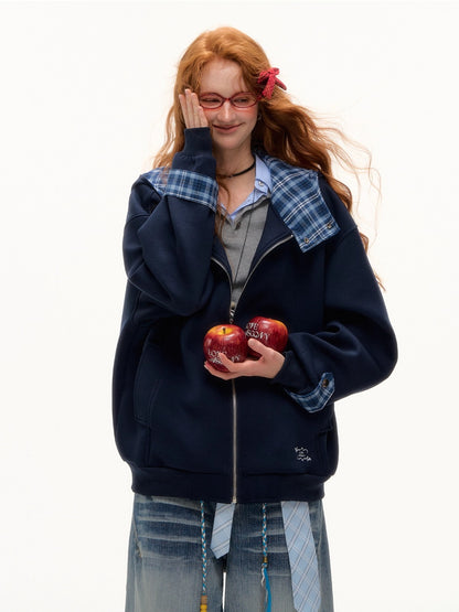 Plaid Patchwork Hoodie Cardigan