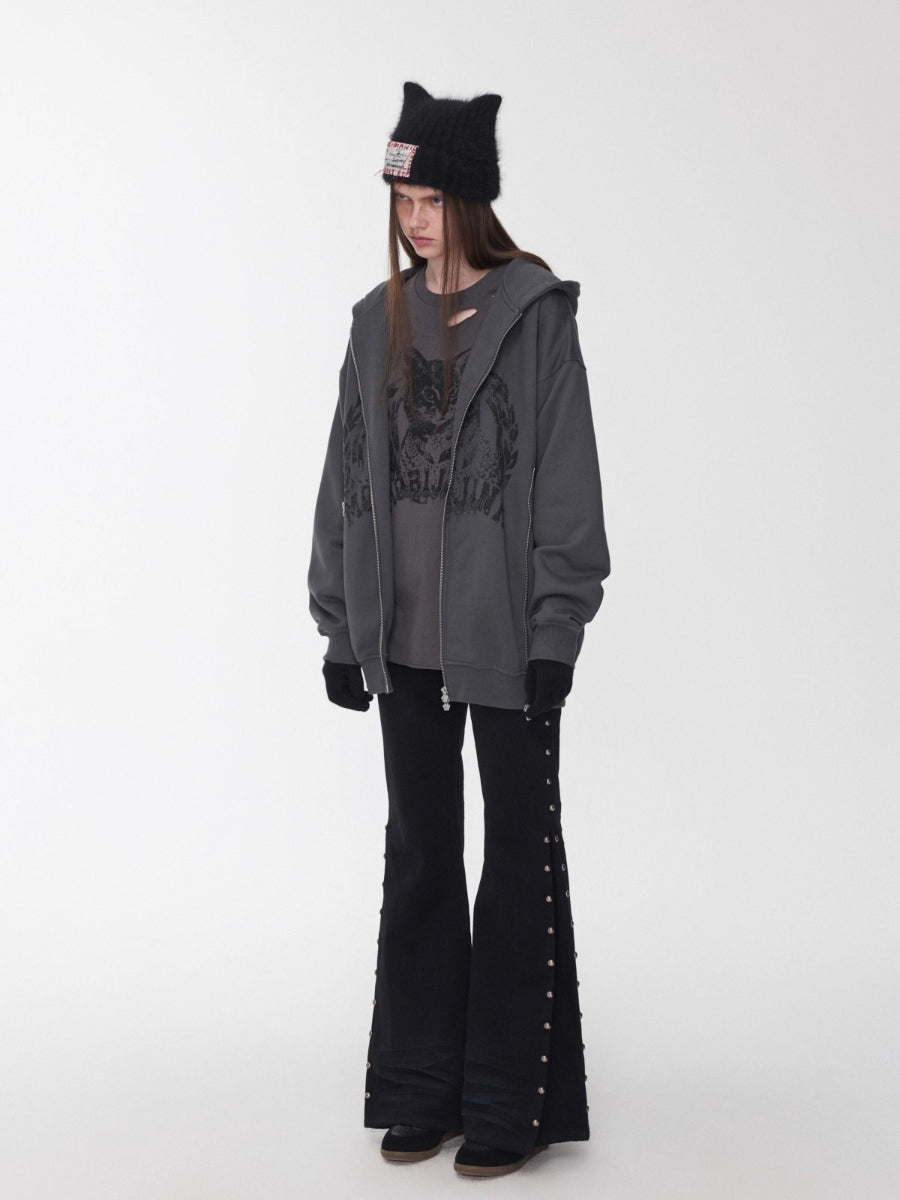 Studded Flared Denim Whisker Detailing Jeans