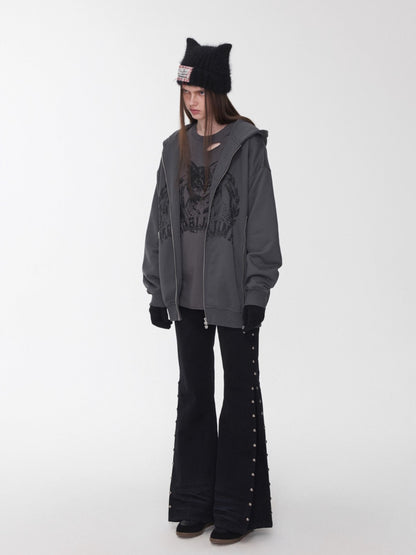 Studded Flared Denim Whisker Detailing Jeans