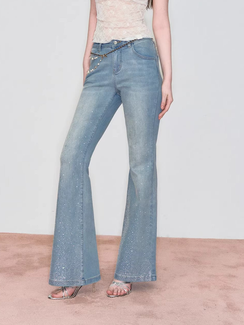 Embroidered Rhinestones Flared Jeans