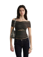 Two-Tone Mesh Lace Cross-Front Blouse