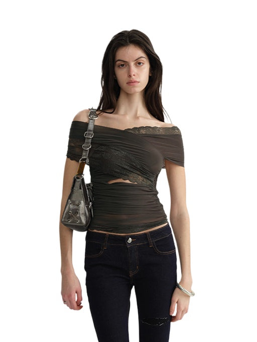 Two-Tone Mesh Lace Cross-Front Blouse
