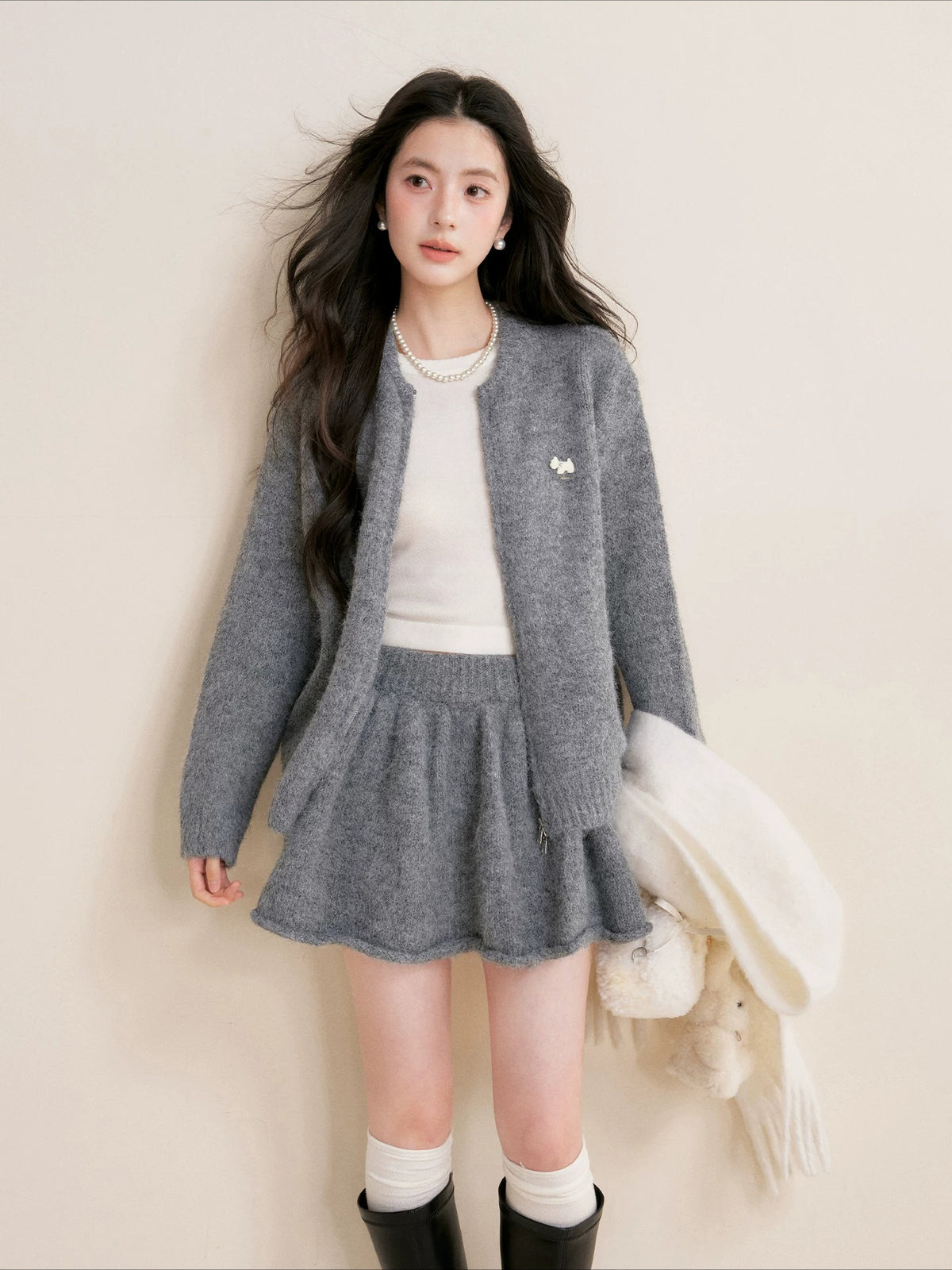 Gray Flocked Puppy Wool Blend Knit Set