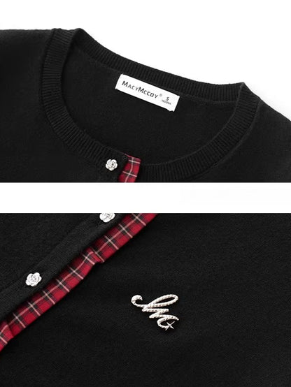 Check Panel Lace Trim Cardigan