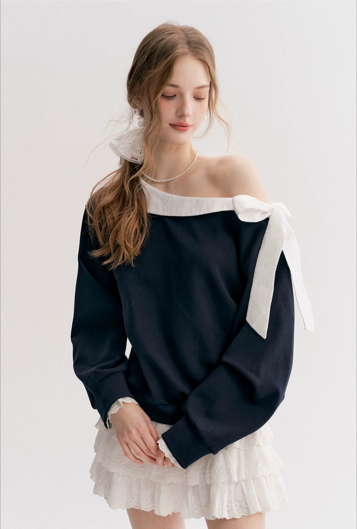 Navy &amp; Pink Bow Off-Shoulder Sweatshirt