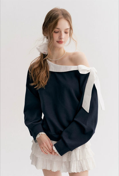 Navy &amp; Pink Bow Off-Shoulder Sweatshirt