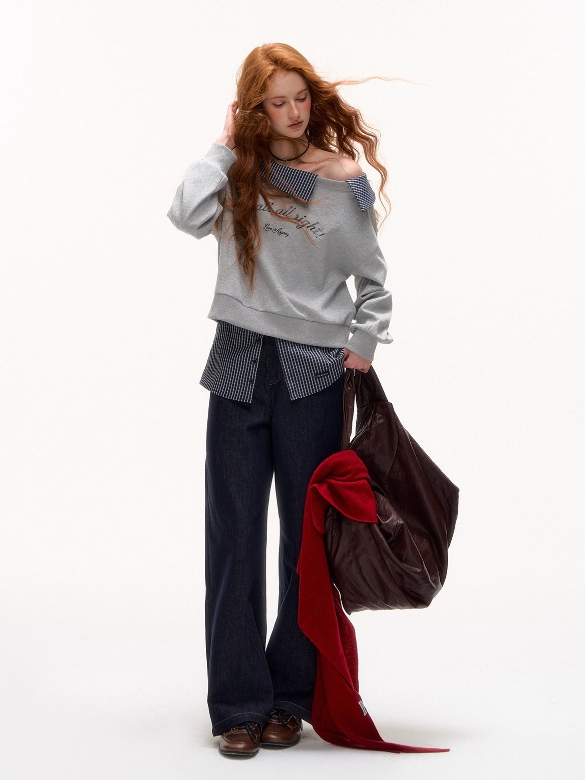 Plaid Embroidery Off-Shoulder Sweatshirt