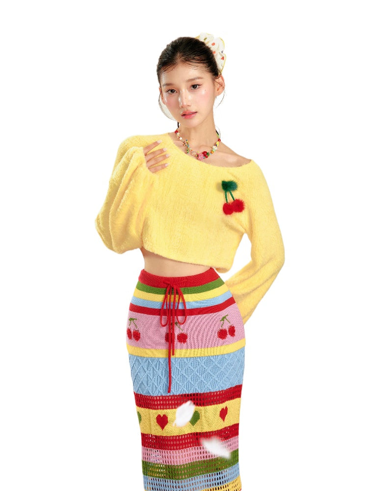 Soft Yellow Off-Shoulder Knit Sweater &amp; Skirt Set