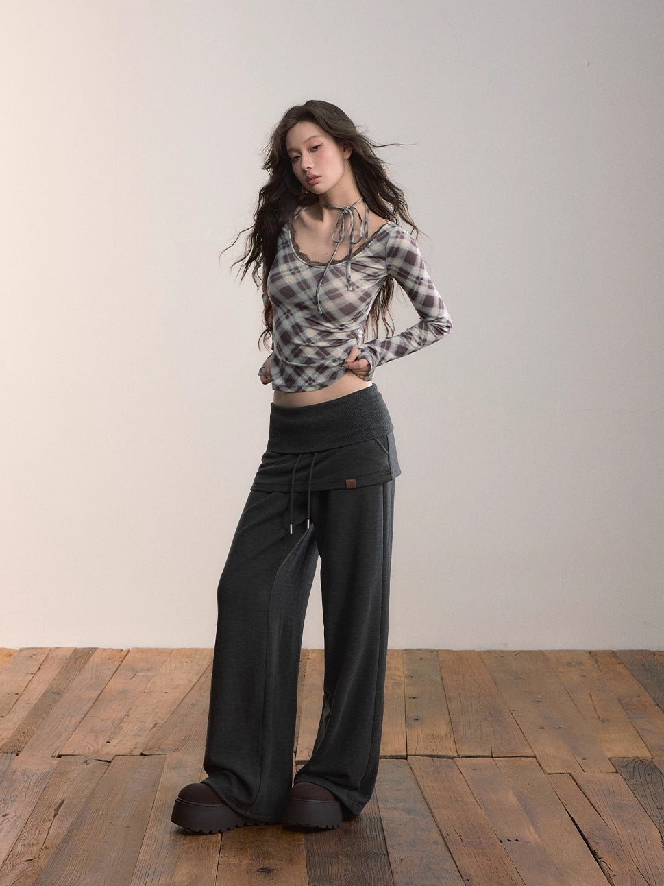 Plaid Tie-Up Neck Long-Sleeve T-shirt