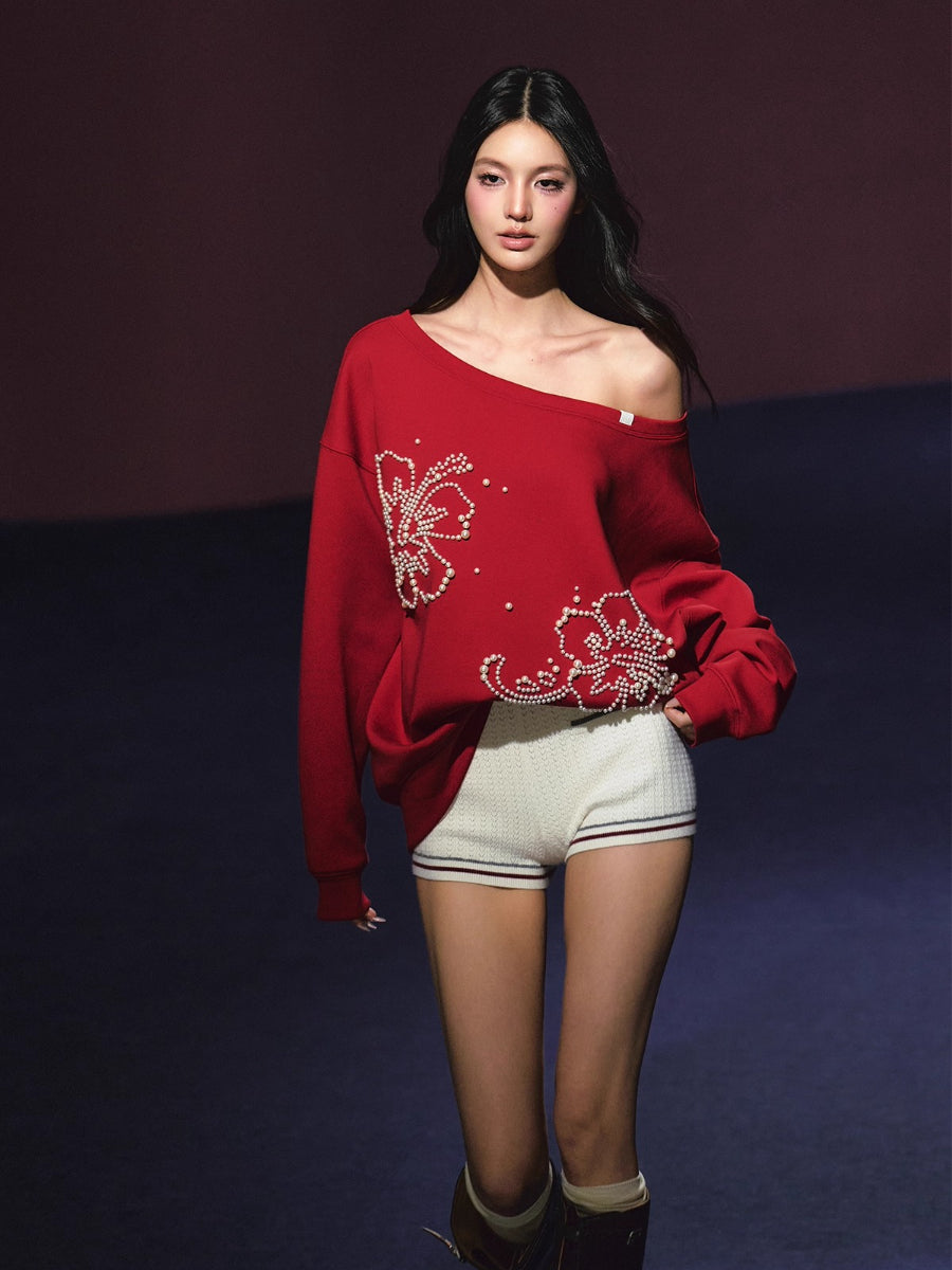 Beaded Off-shoulder Silhouette Sweatshirt