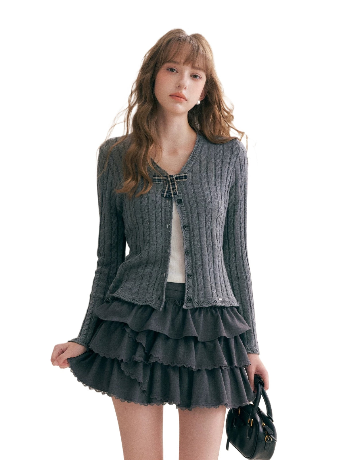 Plaid Bow Knit Cardigan