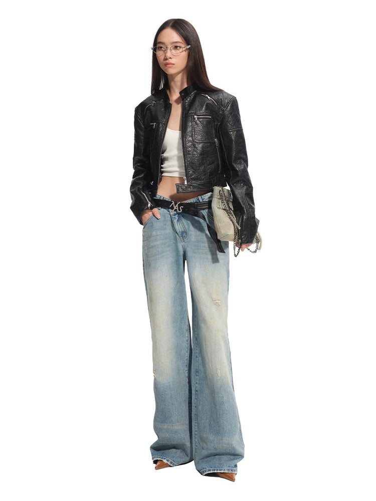 Leather-Trim Low-Rise Jeans